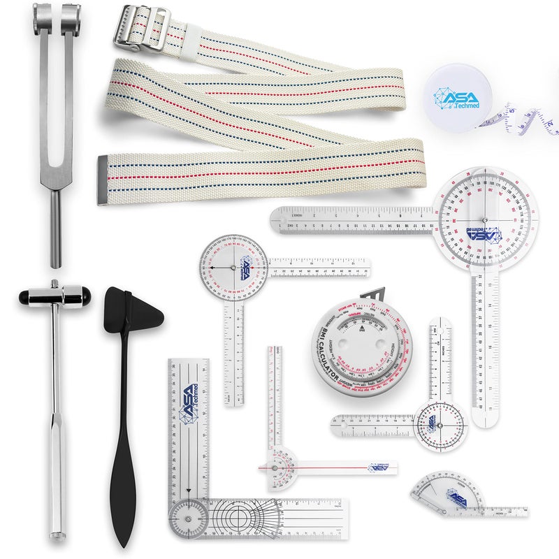 ASA TECHMED Complete Goniometer Set for Occupational Therapy Physical Therapy Includes 6 8 12 Inches Goniometer Set Gait Belt Measuring Tapes Reflex Hammer